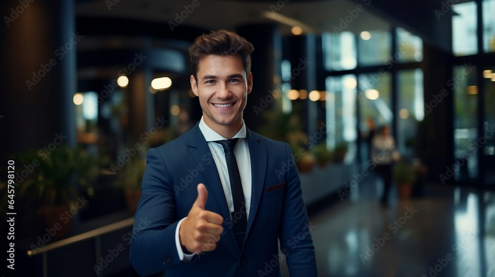 Portrait of young businessman showing thumbs up while standing in office lobby Portrait of young businessman showing thumbs up while standing in office lobby