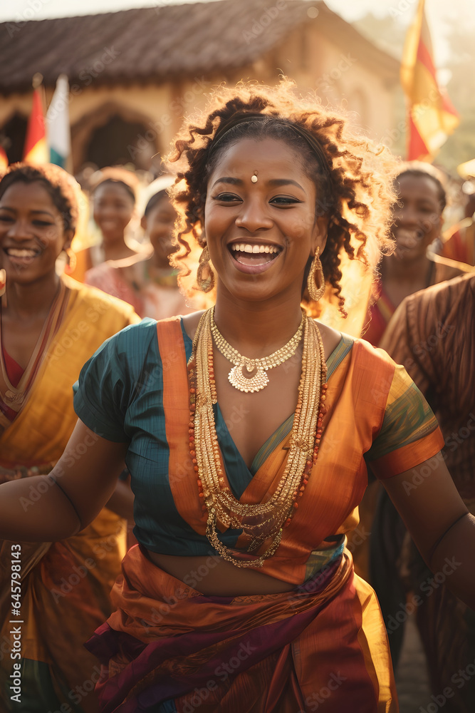 group of people unite in joy and unity as they participate in a lively cultural dance during a vibrant festival in warm sunlight flare. Image created using artificial intelligence.