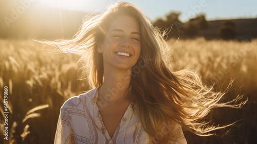Portrait of beautiful young woman with long hair in wheat field at sunset