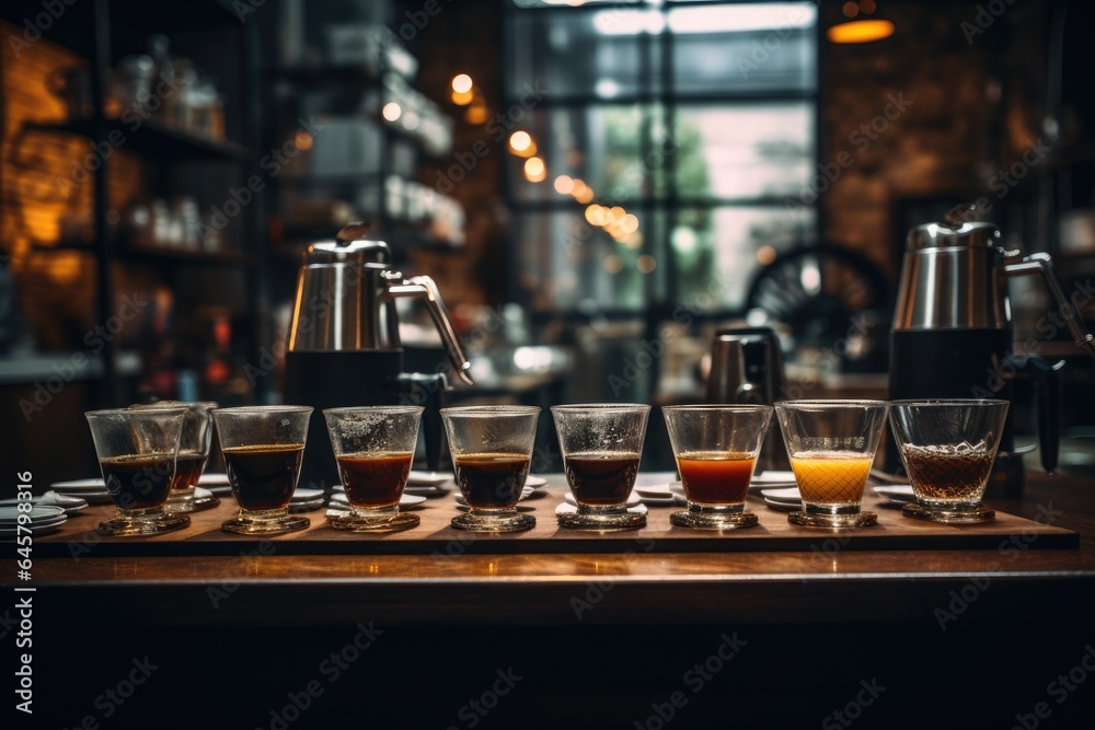 glasses of different coffee in saucers on the table glasses of different coffee in saucers on the table