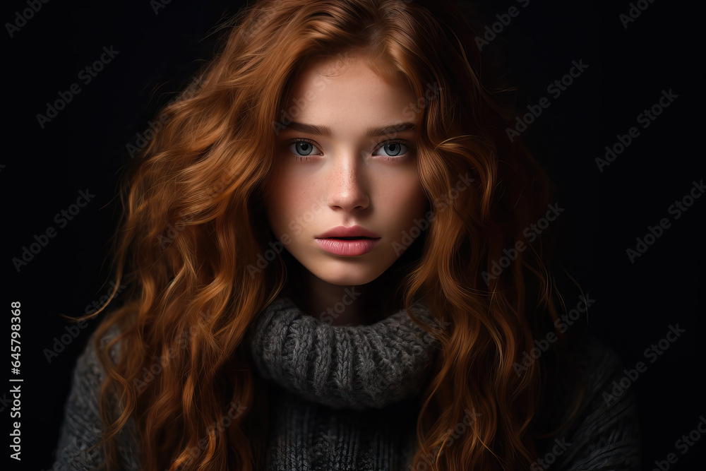 Fototapeta premium portrait of red-haired young woman on black background, ai generated