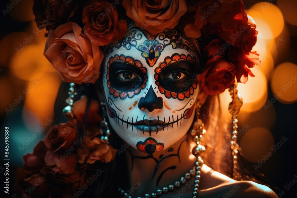 girl with a painted face and a wide-brimmed hat for the Day of the Dead holiday in Mexico.
