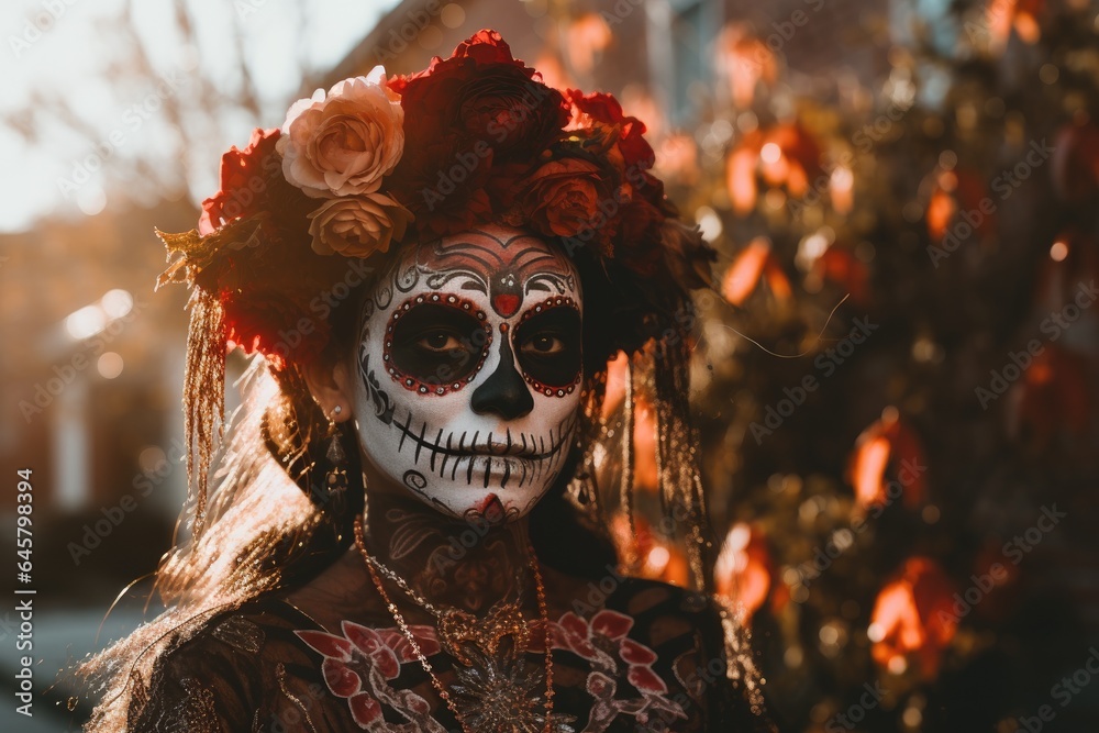 girl with a painted face and a wide-brimmed hat for the Day of the Dead holiday in Mexico. girl with a painted face and a wide-brimmed hat for the Day of the Dead holiday in Mexico.