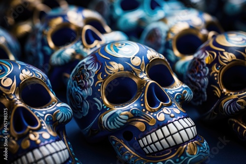 Feast of Remembrance of the Dead. Decorated Mexican skulls.