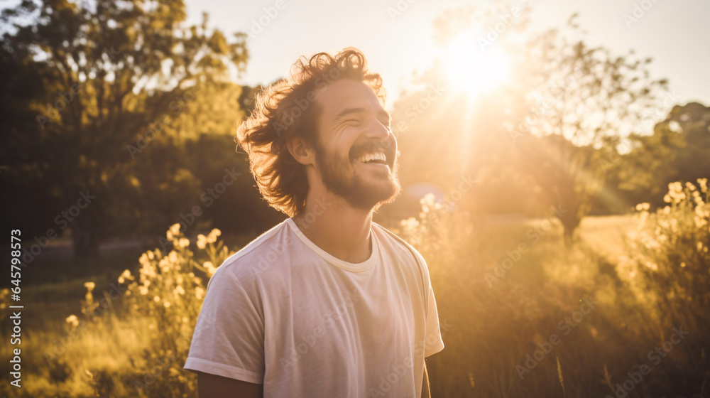 Portrait of smiling man standing in field at sunset. Man looking away.