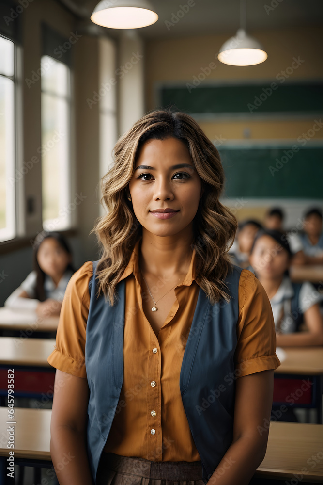 Portrait of female elementary school teacher in classroom, inspiring young minds with education. Image created using artificial intelligence. Portrait of female elementary school teacher in classroom, inspiring young minds with education. Image created using artificial intelligence.