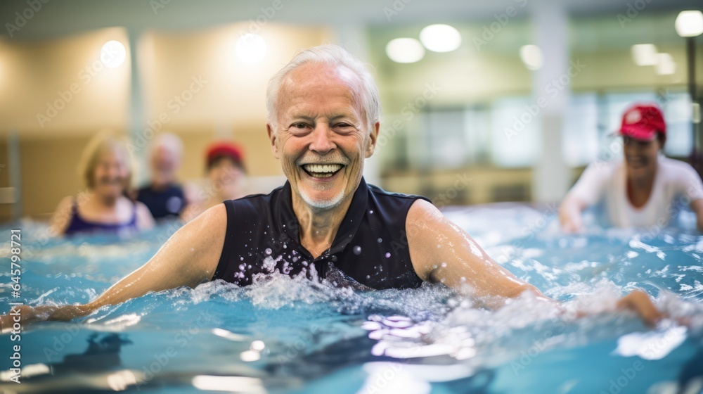 Obraz premium older man doing a water fitness class at the gym to stay fit and healthy ,generative ai