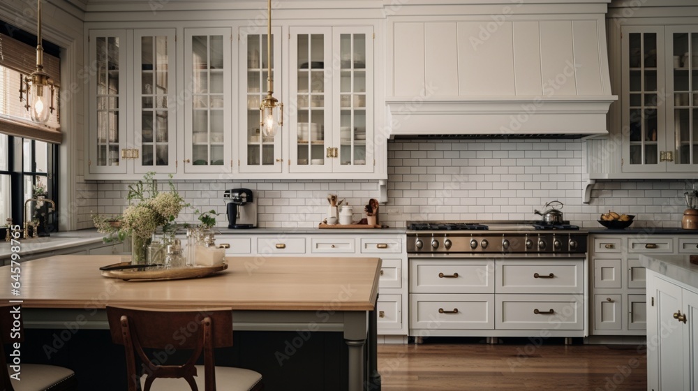 A classic kitchen with white subway tile and traditional cabinetry