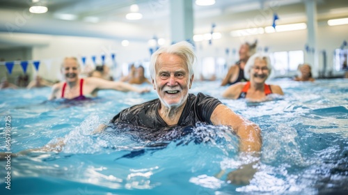older man doing a water fitness class at the gym to stay fit and healthy  generative ai