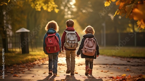 kids walking to school with their friends, childhood memories, generative ai © Layerform
