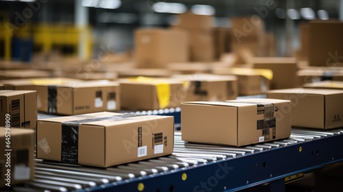 ecommerce packages in a logistics warehouse on conveyer belt, generative ai photo