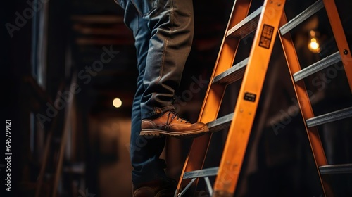 repairman worker standing on ladder close up