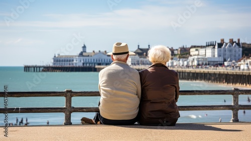 old couple enjoying the british seaside, nan and grandad old romance, old age, generative ai