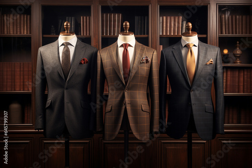 Clothes and accessories concept. Various classic man suits background with copy space. Generative AI photo