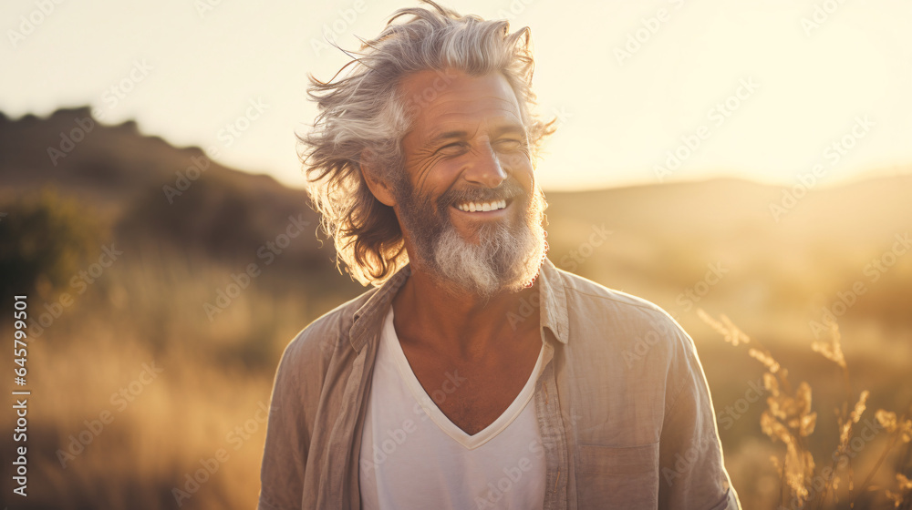 Portrait of happy senior man smiling at camera while standing in field at sunset