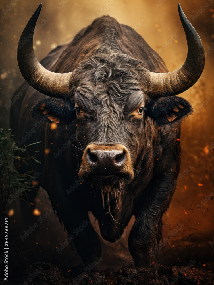 Naklejka premium Bull in its Natural Habitat, Wildlife Photography, Generative AI