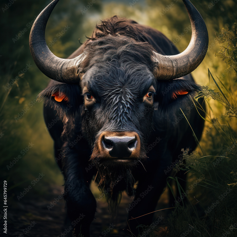 Naklejka premium Bull in its Natural Habitat, Wildlife Photography, Generative AI