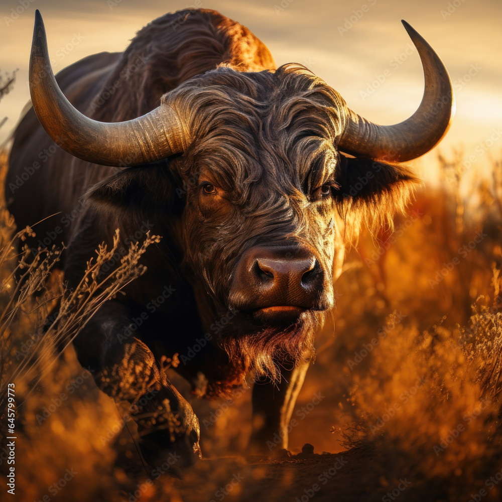 Naklejka premium Bull in its Natural Habitat, Wildlife Photography, Generative AI