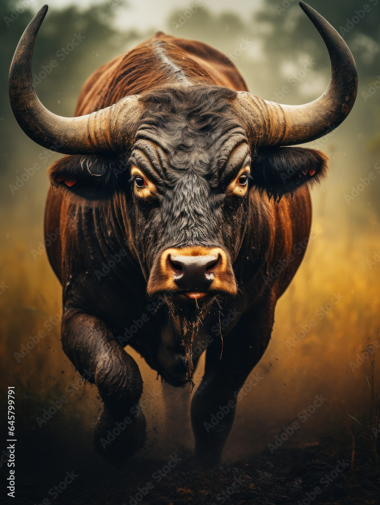 Naklejka premium Bull in its Natural Habitat, Wildlife Photography, Generative AI