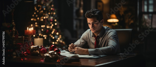 portrait of a man in a business suit working in his homeoffice in christmastime with lots of decoration
