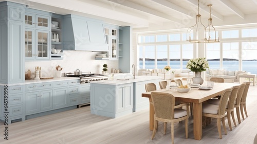 A coastal retreat kitchen with pale blue cabinets and beach-inspired decor