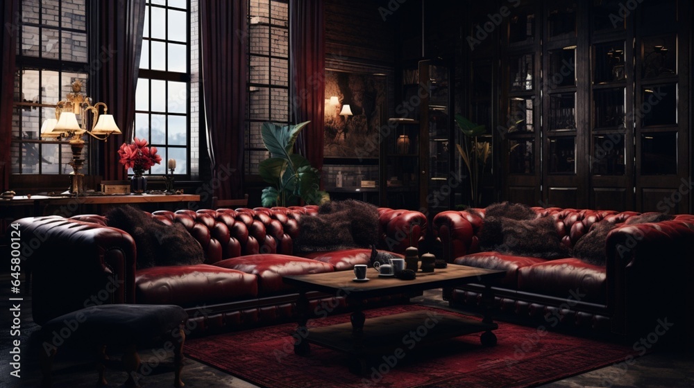 A combination of leather and velvet furniture in a cozy lounge