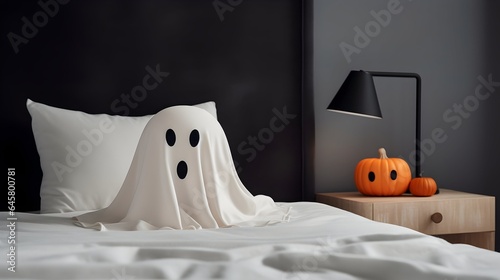 The cute little ghost is sitting on the bed in the bedroom, with pumpkins decorating the bedside table. Halloween celebration concept.