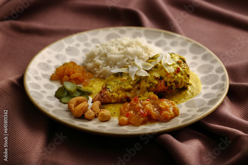 deliciosa refeição com frango ao molho curry coberto com lascas de coco, uva passa, castanha de caju e mango chutney acompanhado de arroz branco, simplesmente fantastico photo