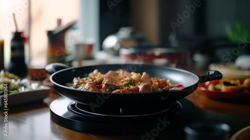 electric wok on table with food modern kitchen, generative ai