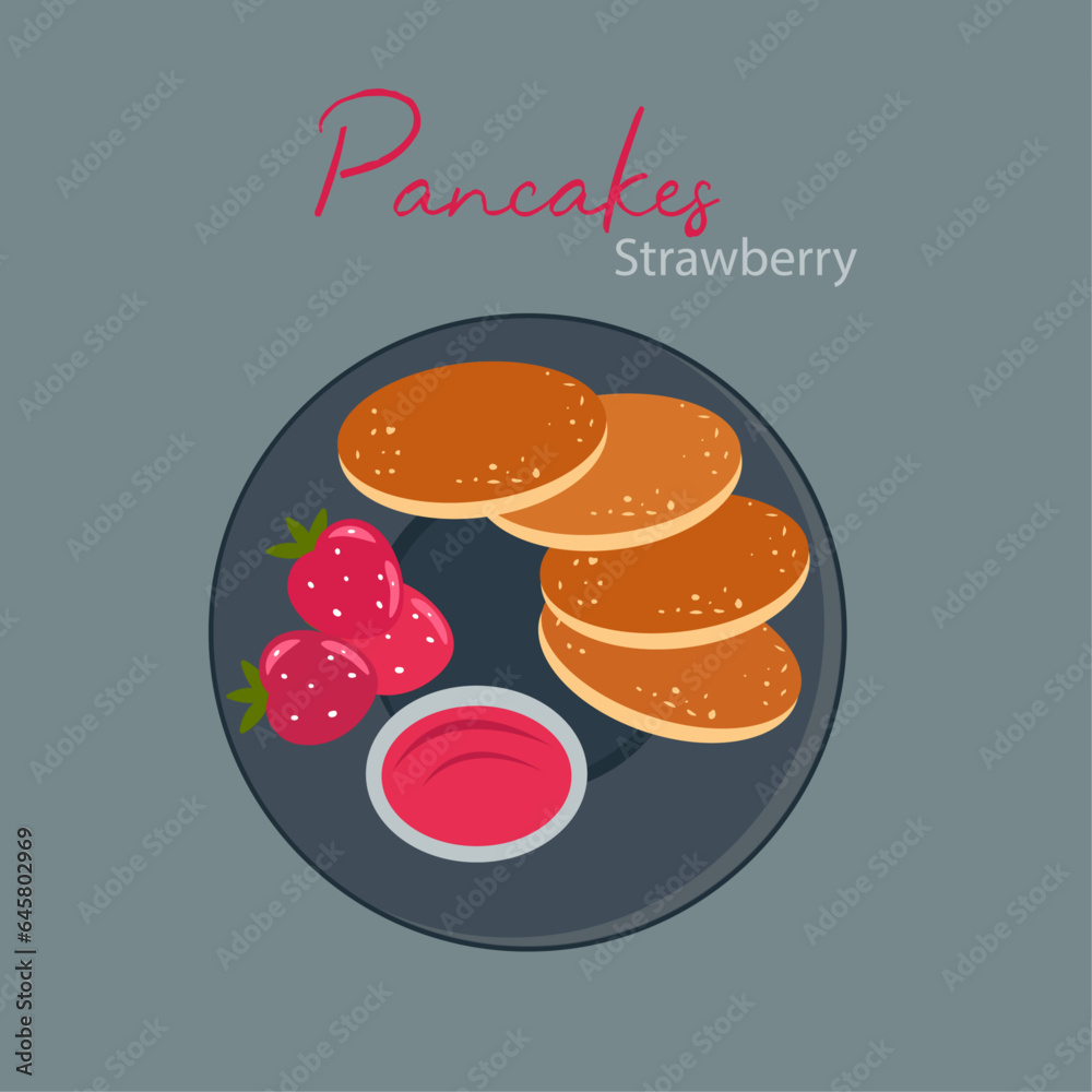 Illustration with Strawberry Pancakes and Cream Illustration with Strawberry Pancakes and Cream