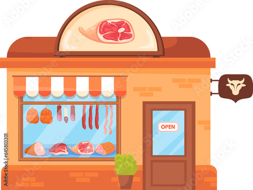 Butcher shop cartoon facade. Meat food store