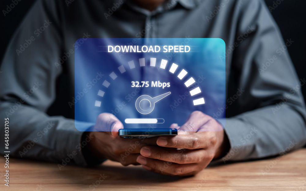 Fast internet connection speedtest bandwidth network technology, Man using smartphone with Internet high speed by smartphone 5G quality, speed optimization. Fast internet connection speedtest bandwidth network technology, Man using smartphone with Internet high speed by smartphone 5G quality, speed optimization.