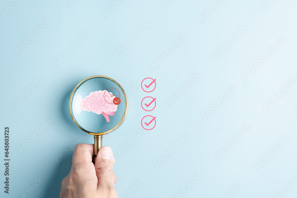 Magnifier focus to human brain icon, idea creative intelligence thinking or Awareness of discipline or mental health, Recovery mental health check.