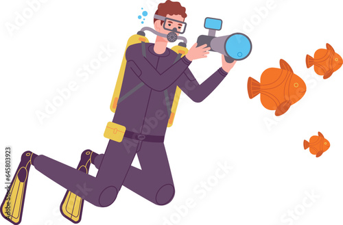 Underwater diver making photo of fishes. Swimming photographer