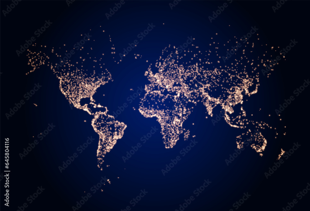 Earth night map. Vector illustration of cities lights from space. Dark map for Earth day
