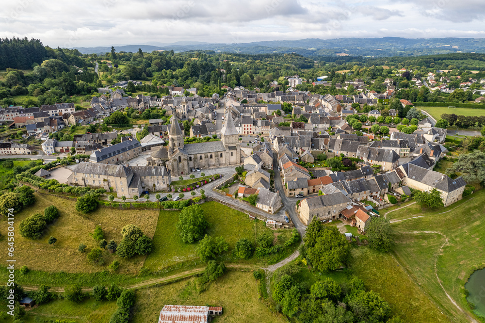 Aerial photo of french village Benevent l'Abbaye in Summer