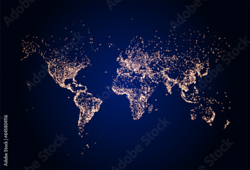 Earth night map. Vector illustration of cities lights from space. Dark map for Earth day