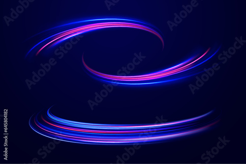 A set of light lines in the form of swirls and waves. light road in the form of a swirl, neon color. Speed line with sports cars. 