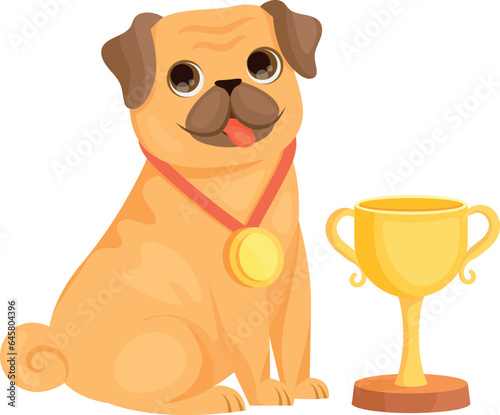Dog champion with trophy cup. Funny cartoon pet