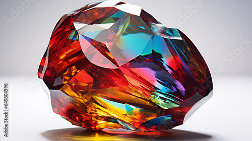A close-up isolated view of a colorful gemstone with intricate facets, against a white background