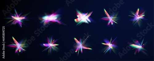 Abstract refraction glow effect on black background. Set of colorful vector lenses and light flares with transparent effects. Transparent refraction elements.	