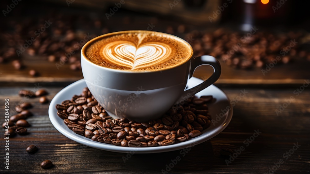 A cup of espresso coffee in the shape of a heart on a rustic cafe background A cup of espresso coffee in the shape of a heart on a rustic cafe background