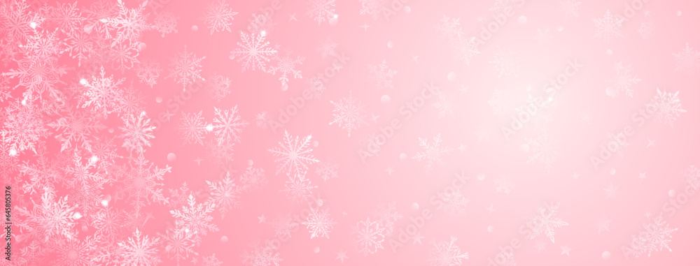 Christmas background of beautiful complex big and small snowflakes in pink colors. Winter illustration with falling snow