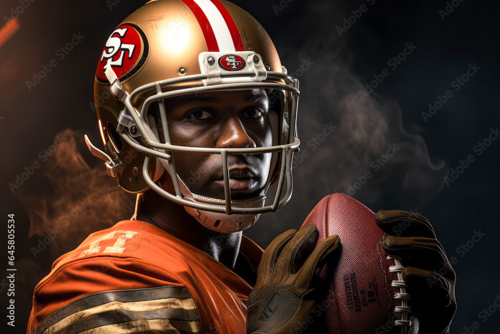 Athlete or football player. Portrait with selective focus and copy space Athlete or football player. Portrait with selective focus and copy space