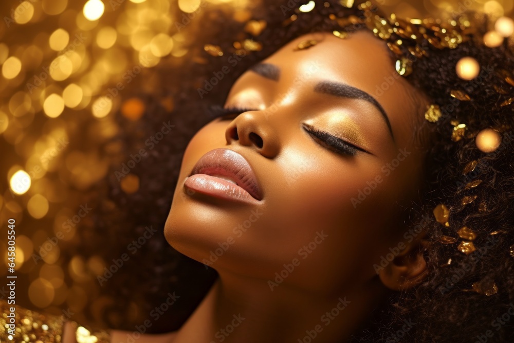 Model with gold glitter on her face. Creative portrait with selective focus and copy space Model with gold glitter on her face. Creative portrait with selective focus and copy space