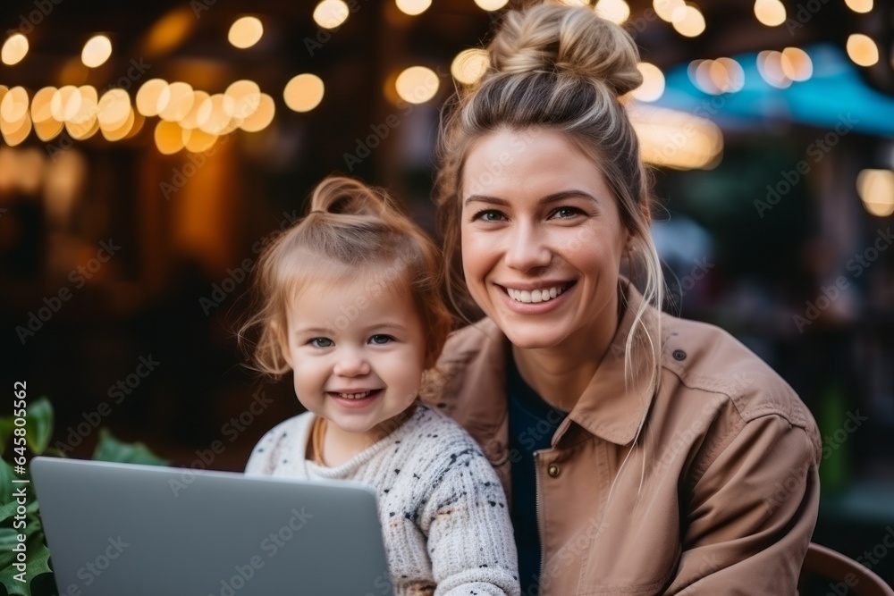 Woman with a laptop on maternity leave with a child. The concept of remote work or freelancing. Portrait Woman with a laptop on maternity leave with a child. The concept of remote work or freelancing. Portrait