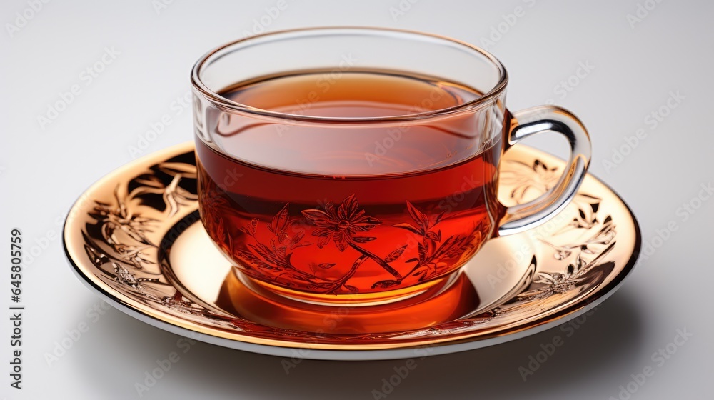 A cup of hot tea in a white glass on a white background A cup of hot tea in a white glass on a white background