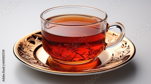 A cup of hot tea in a white glass on a white background