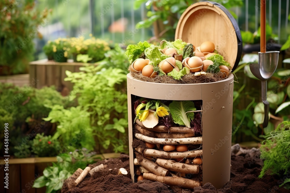 Kitchen waste recycling in composter for Eco-Friendly Gardening and Recycling, Woman composting food waste. Outdoor compost bin for reducing kitchen waste Kitchen waste recycling in composter for Eco-Friendly Gardening and Recycling, Woman composting food waste. Outdoor compost bin for reducing kitchen waste