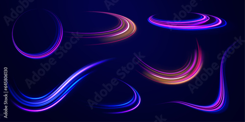 Fast speed car. Long yellow and red way effect. Abstract neon background with shining wires. High-speed light line in the form of a road and a highway in a night city. 